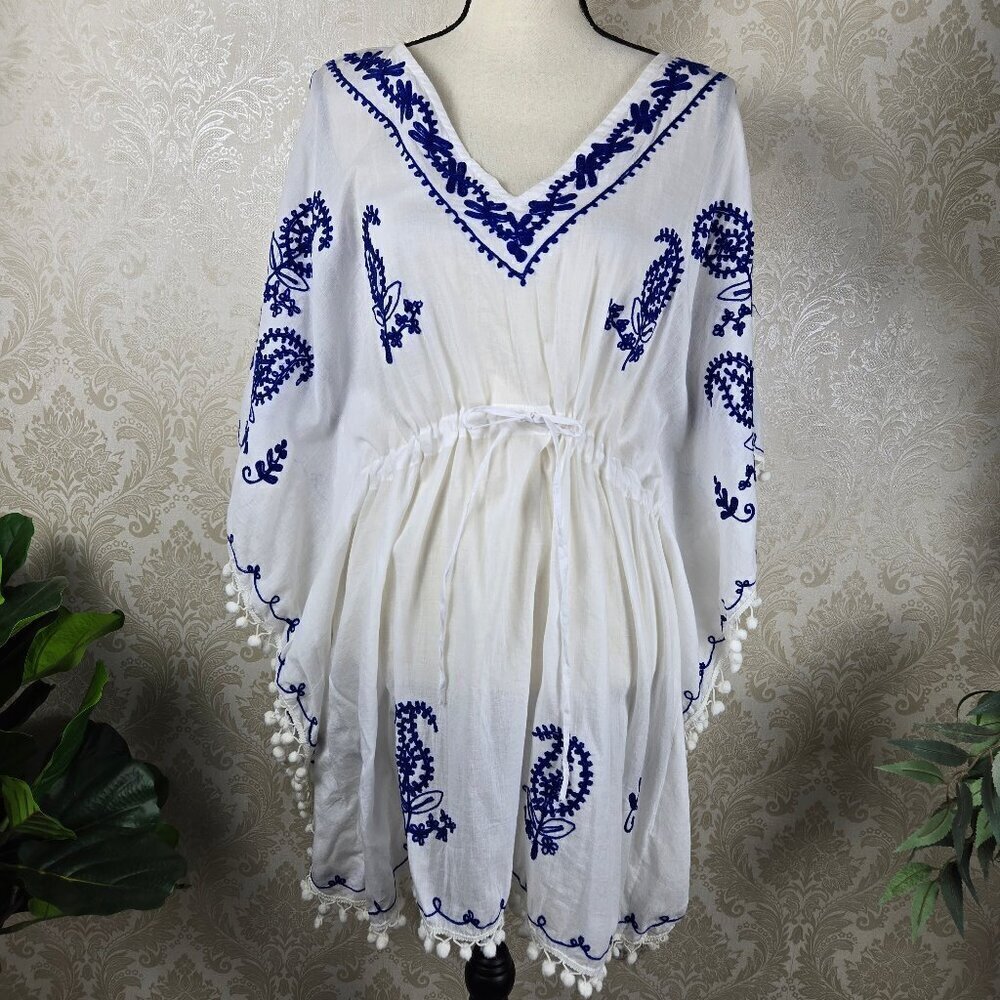 Sante Classics Size XL White Cotton Beach Cover Up Embroidered Pompom Details
